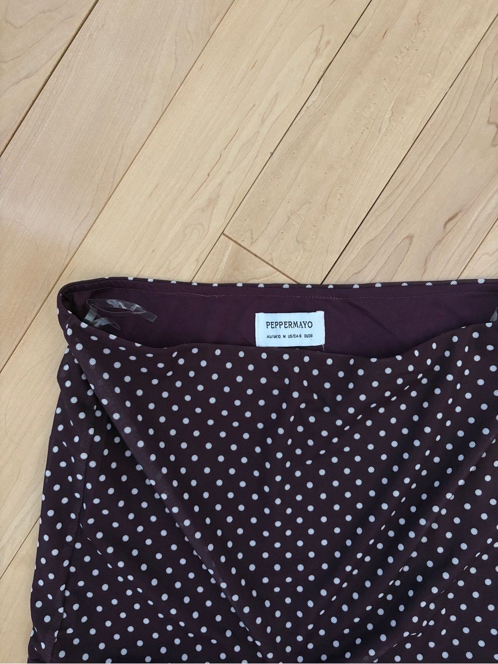 Women’s Polka Dot Handkerchief Hem Skirt - Burgundy/White - Picture 2 of 3